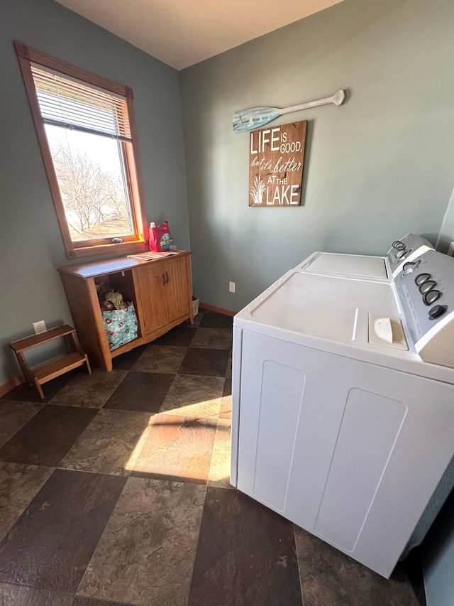 79317 355th St, Clinton, MN 56225 - laundry room featuring washing machine and dryer, stone finish floors, and baseboards