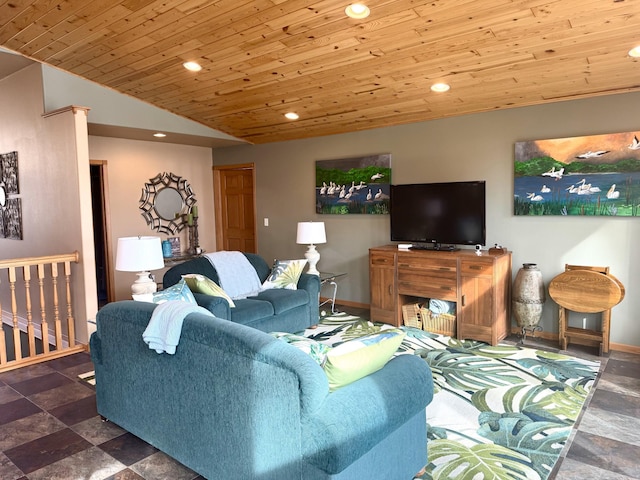 79317 355th St, Clinton, MN 56225 - living area featuring recessed lighting, stone tile flooring, baseboards, wooden ceiling, and lofted ceiling