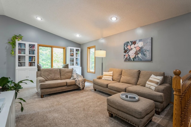 2686 56th Ave, Princeton, MN 55371 - living area with carpet floors, lofted ceiling, recessed lighting, and a textured ceiling