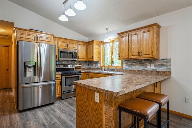2686 56th Ave, Princeton, MN 55371 - kitchen with appliances with stainless steel finishes, vaulted ceiling, a peninsula, a sink, and dark wood finished floors