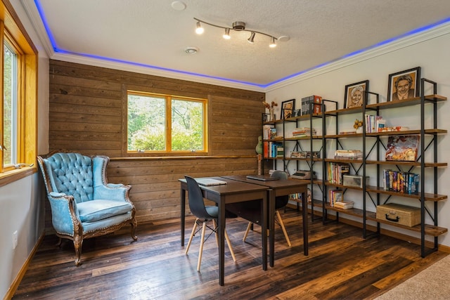 2686 56th Ave, Princeton, MN 55371 - office area with wooden walls, a textured ceiling, wood finished floors, baseboards, and crown molding