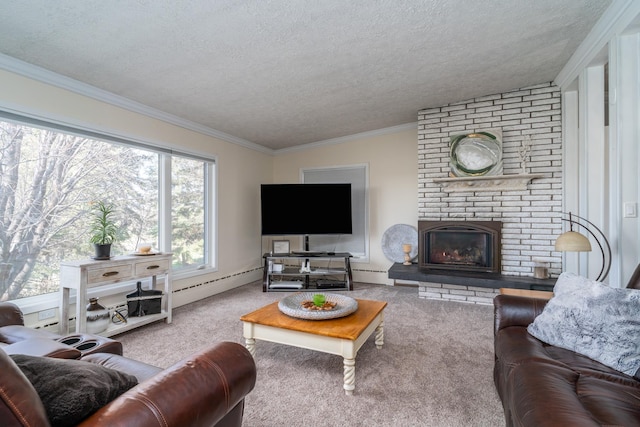 118 Golf Ter, Crookston, MN 56716 - carpeted living room with ornamental molding, a textured ceiling, a baseboard heating unit, and a fireplace