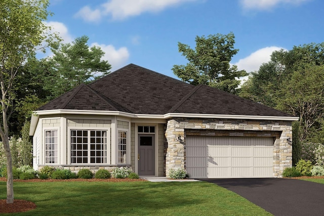 exterior space featuring roof with shingles, stone siding, a garage, a front yard, and driveway