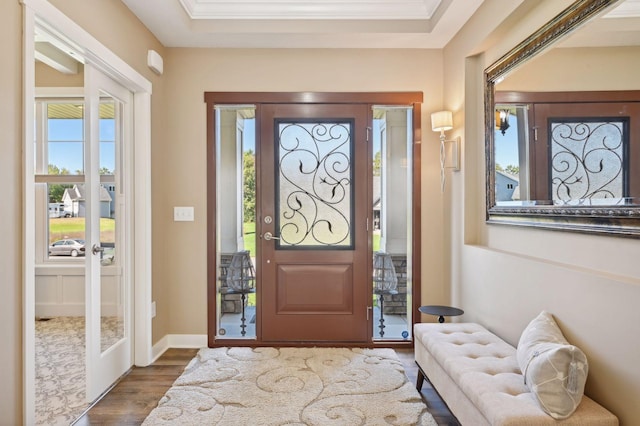 foyer featuring french doors, dark wood-style flooring, and a healthy amount of sunlight
