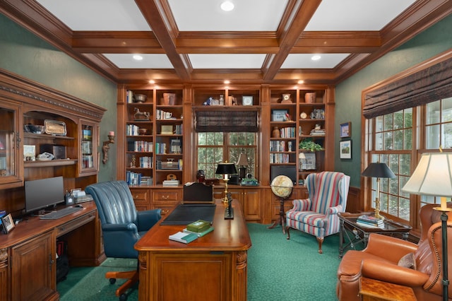 carpeted office space featuring built in features, ornamental molding, and beam ceiling