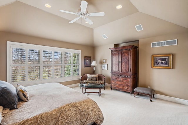 carpeted bedroom with baseboards, vaulted ceiling, recessed lighting, and visible vents