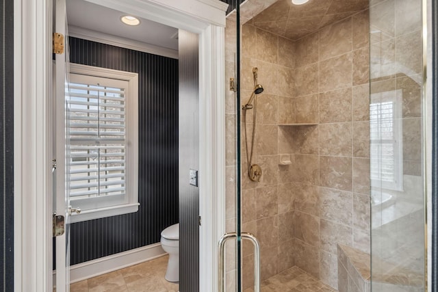 bathroom with toilet, a shower stall, and a wealth of natural light