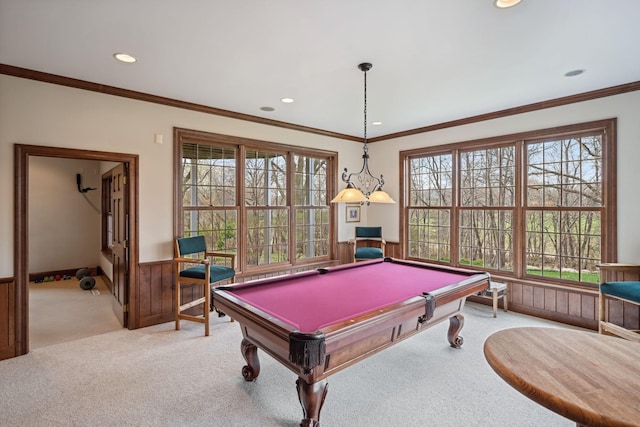 game room with ornamental molding, wainscoting, recessed lighting, pool table, and carpet flooring