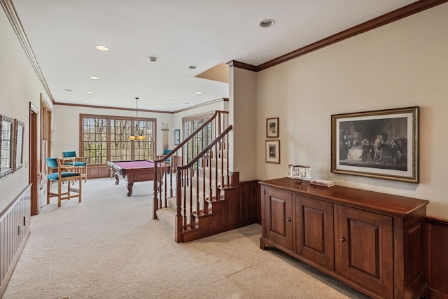 stairs featuring carpet floors, ornamental molding, recessed lighting, and pool table