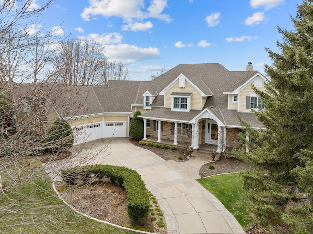 view of front of home featuring a porch, driveway, roof with shingles, a garage, and stone siding