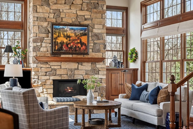 18371 Bearpath Trl, Eden Prairie, MN 55347 - living room featuring a stone fireplace and a towering ceiling