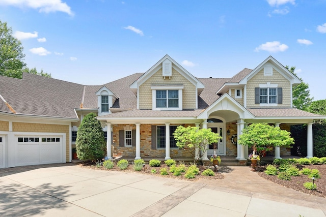 18371 Bearpath Trl, Eden Prairie, MN 55347 - craftsman house featuring covered porch, roof with shingles, concrete driveway, stone siding, and a garage