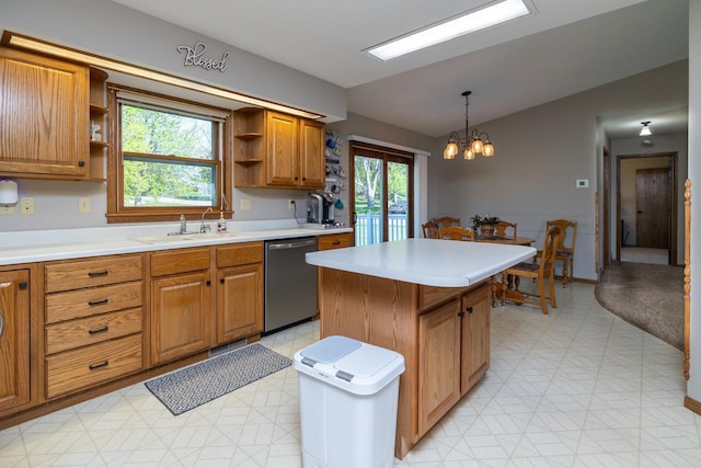 kitchen with dishwasher, open shelves, a sink, light floors, and vaulted ceiling