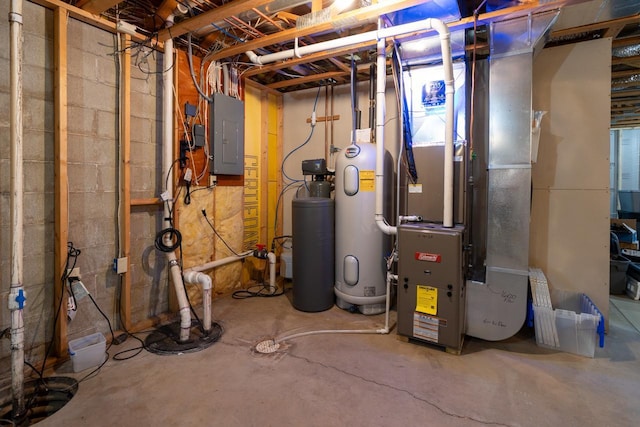 utility room with electric panel and heating unit