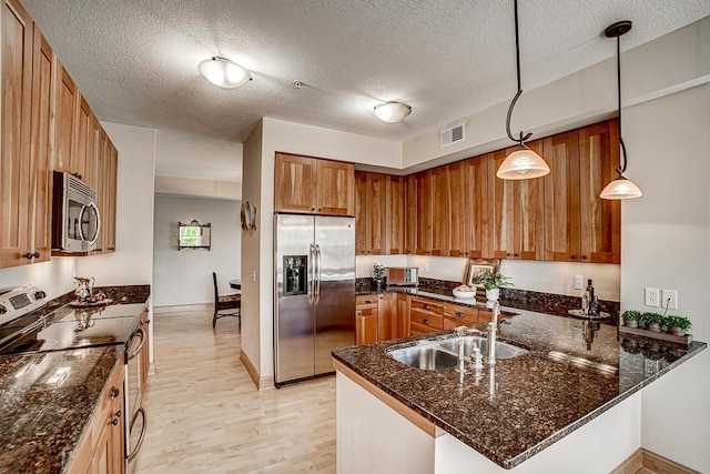 650 Main St N Unit 308, Stillwater, MN 55082 - kitchen featuring stainless steel appliances, a sink, brown cabinetry, light wood-style flooring, and a peninsula