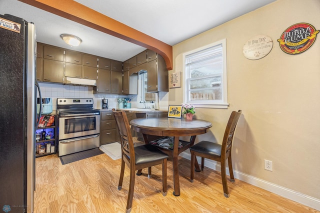 kitchen featuring decorative backsplash, appliances with stainless steel finishes, light wood-type flooring, baseboards, and under cabinet range hood