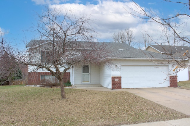 single story home with a front lawn, brick siding, a shingled roof, an attached garage, and driveway