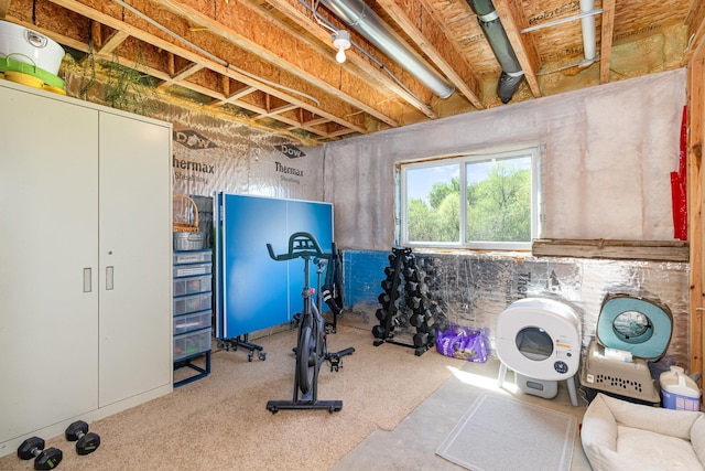 workout room featuring carpet