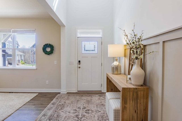 entryway featuring baseboards, wood finished floors, and a healthy amount of sunlight