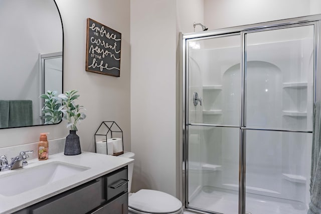 bathroom featuring vanity, a shower stall, and toilet