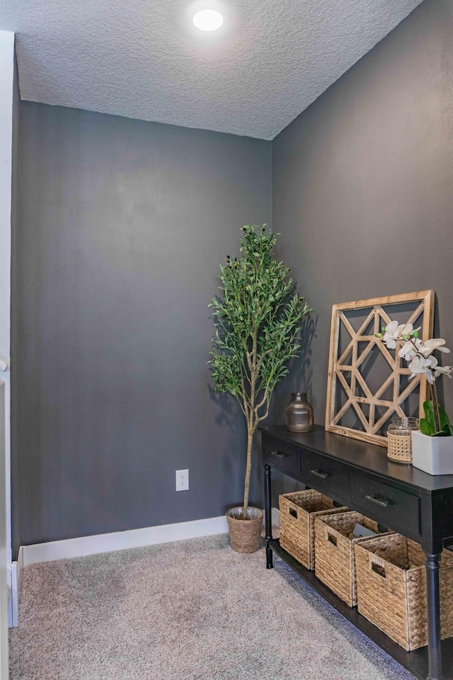 carpeted home office with baseboards and a textured ceiling