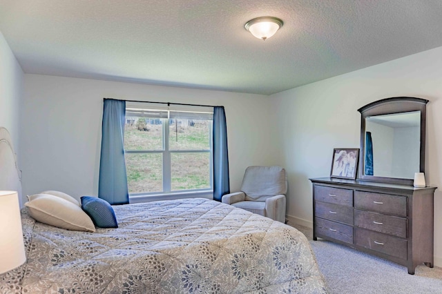 bedroom with a textured ceiling and carpet