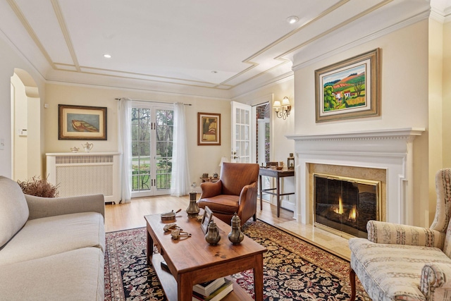 26 Mississippi River Blvd N, Saint Paul, MN 55104 - living room with radiator heating unit, a premium fireplace, crown molding, wood finished floors, and recessed lighting