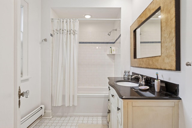 26 Mississippi River Blvd N, Saint Paul, MN 55104 - full bathroom with a baseboard radiator, shower / bath combo with shower curtain, and vanity