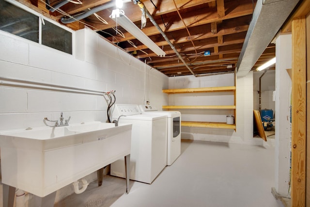 1034 Birch St, Lino Lakes, MN 55014 - clothes washing area featuring concrete block wall, laundry area, and washing machine and dryer