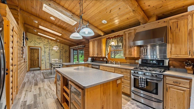 18100 Stockhousen Rd NW, Evansville, MN 56326 - kitchen with appliances with stainless steel finishes, ventilation hood, light wood finished floors, vaulted ceiling with skylight, and a center island
