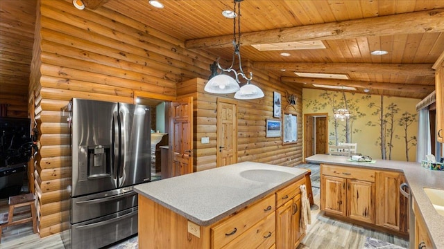 18100 Stockhousen Rd NW, Evansville, MN 56326 - kitchen with log walls, beam ceiling, light wood-style floors, wood ceiling, and appliances with stainless steel finishes