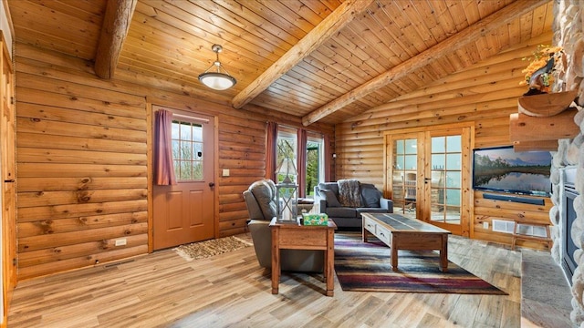 18100 Stockhousen Rd NW, Evansville, MN 56326 - living area with light wood-style floors, log walls, french doors, vaulted ceiling with beams, and wood ceiling