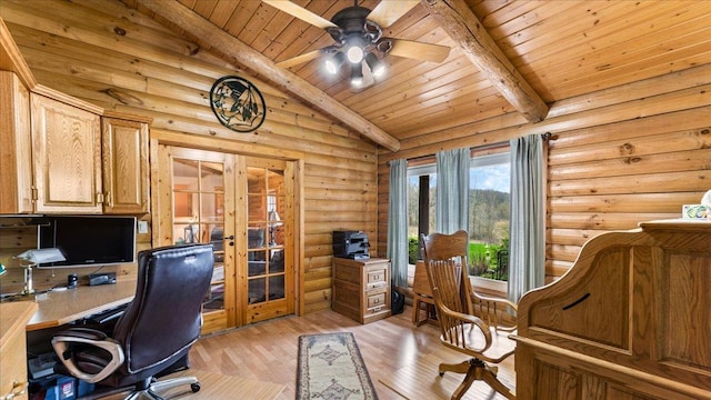 18100 Stockhousen Rd NW, Evansville, MN 56326 - home office with log walls, ceiling fan, wood ceiling, french doors, and light wood finished floors