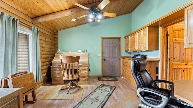 18100 Stockhousen Rd NW, Evansville, MN 56326 - office space with lofted ceiling with beams, light wood finished floors, a ceiling fan, wood ceiling, and log walls