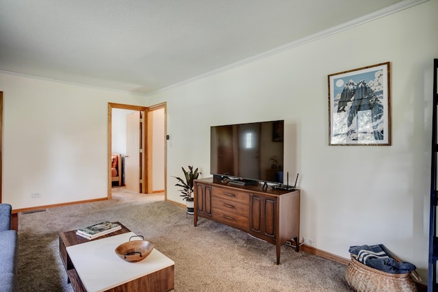 5371 Hugo Rd, White Bear Twp, MN 55110 - living area featuring light carpet, baseboards, and crown molding