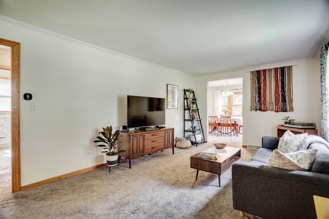 5371 Hugo Rd, White Bear Twp, MN 55110 - living area featuring ornamental molding, carpet flooring, a chandelier, and baseboards