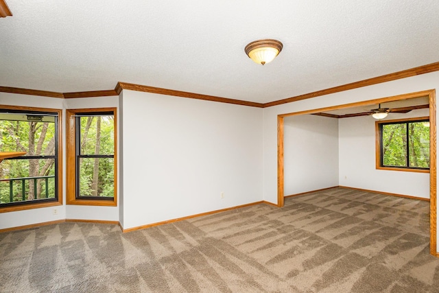 8762 Highwood Way, Apple Valley, MN 55124 - carpeted empty room featuring healthy amount of natural light, baseboards, crown molding, a textured ceiling, and ceiling fan