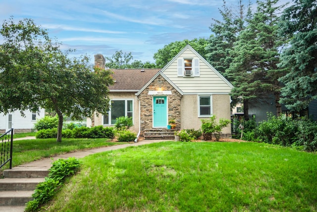 4830 29th Ave S, Minneapolis, MN 55417 - view of front of house with stone siding, a front lawn, a chimney, and cooling unit