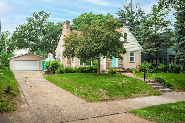 4830 29th Ave S, Minneapolis, MN 55417 - obstructed view of property featuring an outdoor structure, a front lawn, a garage, and a chimney