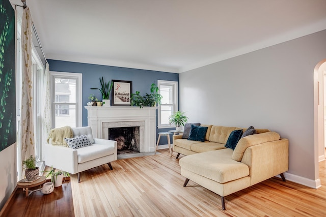 4830 29th Ave S, Minneapolis, MN 55417 - living room with light wood-style floors, arched walkways, and a fireplace