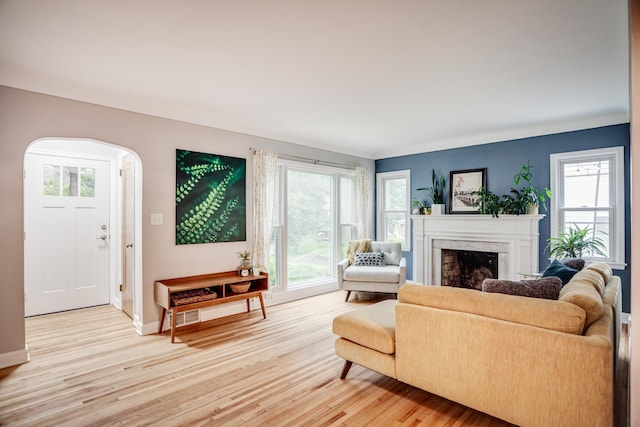 4830 29th Ave S, Minneapolis, MN 55417 - living room with light wood finished floors, a fireplace, and arched walkways