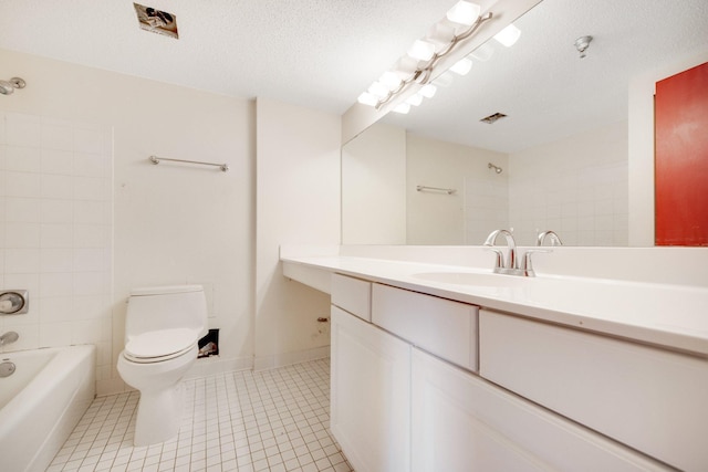401 1st St Unit 401, Minneapolis, MN 55401 - bathroom with tile patterned flooring, toilet, shower / bathtub combination, vanity, and a textured ceiling