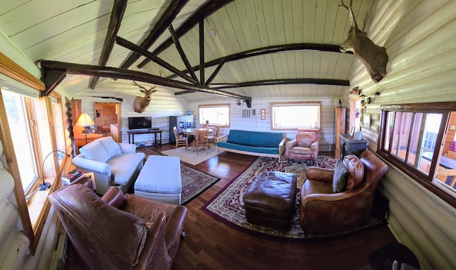 living area with wood finished floors and wooden ceiling