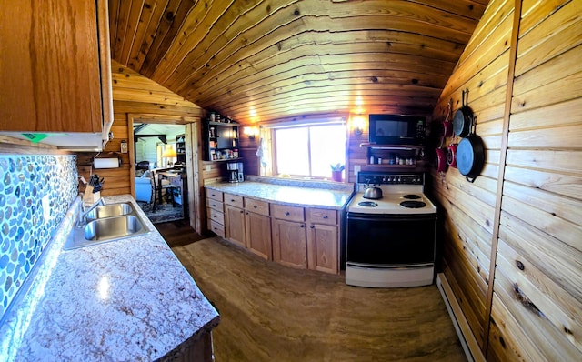 kitchen featuring range with electric stovetop, a sink, wooden walls, lofted ceiling, and black microwave