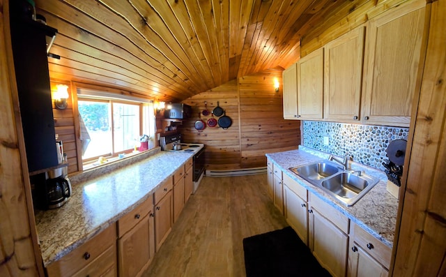 kitchen with a sink, white electric stove, vaulted ceiling, wood walls, and wooden ceiling