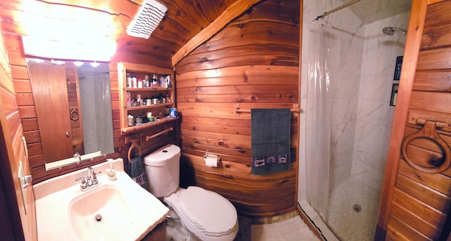 bathroom featuring lofted ceiling, a shower stall, toilet, wood ceiling, and wooden walls