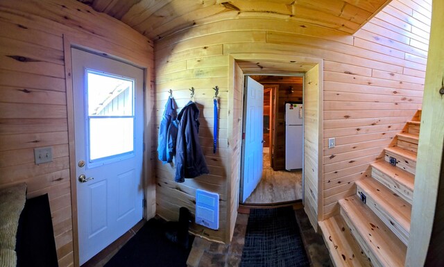 17801 Bear Crk, Angle Inlet, MN 56711 - mudroom featuring wood walls, heating unit, and wooden ceiling