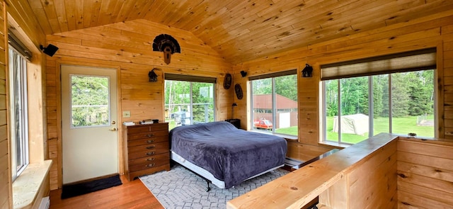 17801 Bear Crk, Angle Inlet, MN 56711 - bedroom with lofted ceiling, multiple windows, wood walls, wood finished floors, and baseboard heating