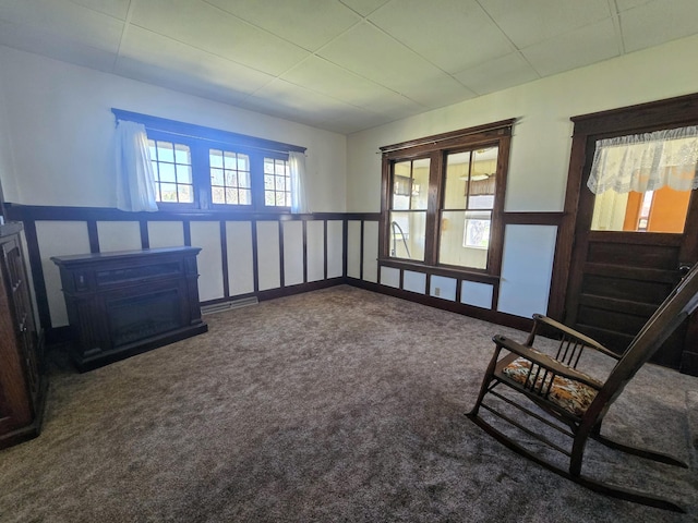 unfurnished room featuring a wainscoted wall, carpet, and a fireplace