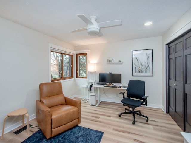 2415 Edgerton St, Little Canada, MN 55117 - office area with light wood-style flooring, ceiling fan, baseboards, and recessed lighting